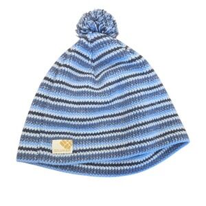 Vintage Columbia Women's Beanie Blue White Knit Stripe Pom Pom Acrylic Winter